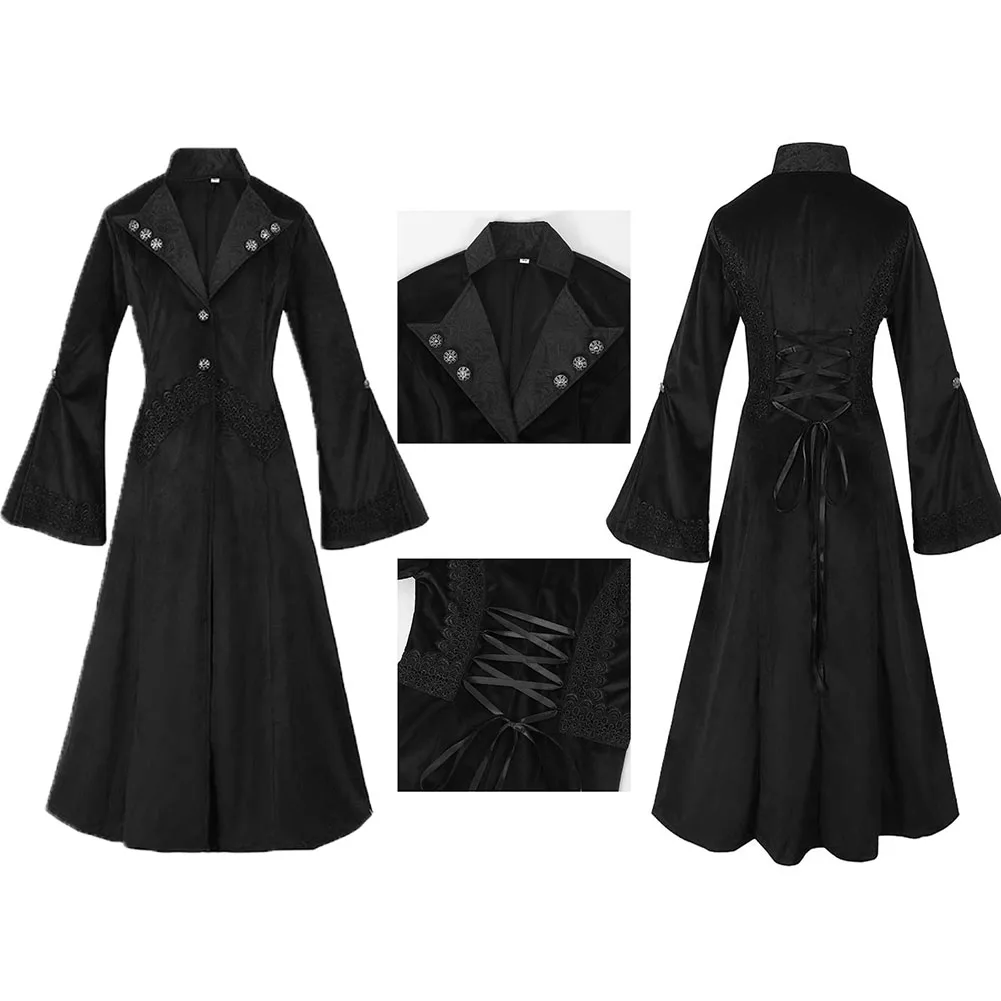 

Female Black Gothic Cosplay Costume Adult Long Coat Outfits Stand Neck Windbreaker Halloween Disguise Stage Performance Clothes