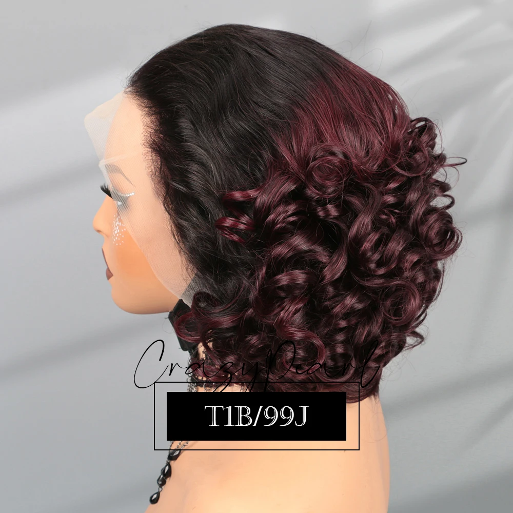 Burgundy 99J 13X4 Transparent Lace Frontal Loose Bouncy Wave Wavy Curly Human Hair Wig for Black Women Short Human Hair Wigs image 3