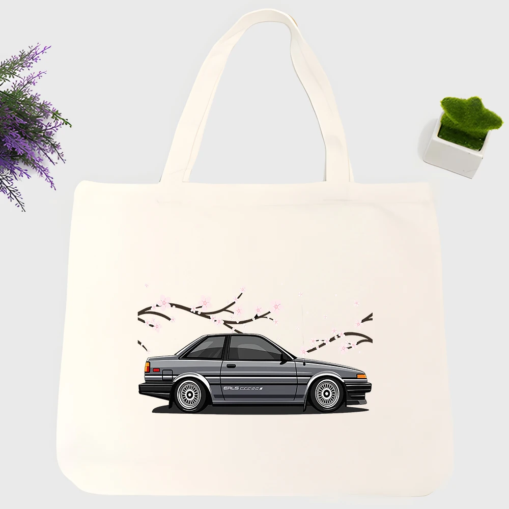 Men's car graphic canvas tote bag with cherry blossom design, ideal for casual daily use and weekend outings