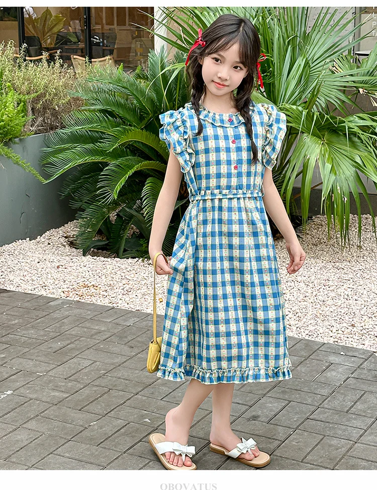 Preppy-Stil Kinder Babyblau Kariertes Kleid mit Blütenärmeln für Mädchen A-Linien-Schulkleider für Teenager Neue Sommerkleidung – Detail 4