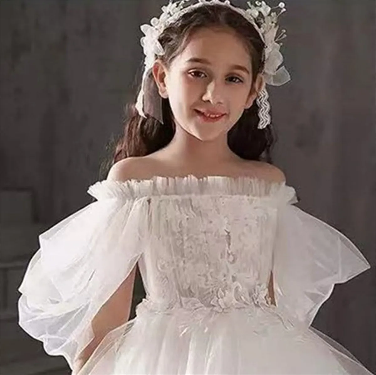 Vestido de flor de tule branco, fora do ombro, manga lanterna, primeira ceia da criança fofa, vestidos de baile, vestido de casamento