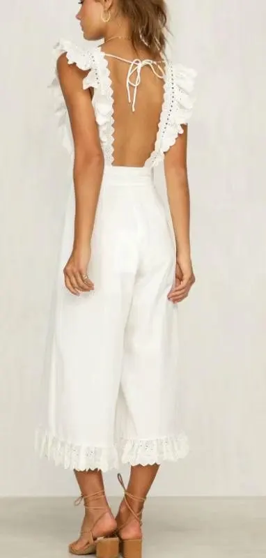 Nowa letnia moda damska 2026, casualowy kombinezon z koronkowymi wstawkami, długie spodnie z odkrytymi plecami i wycięciami.