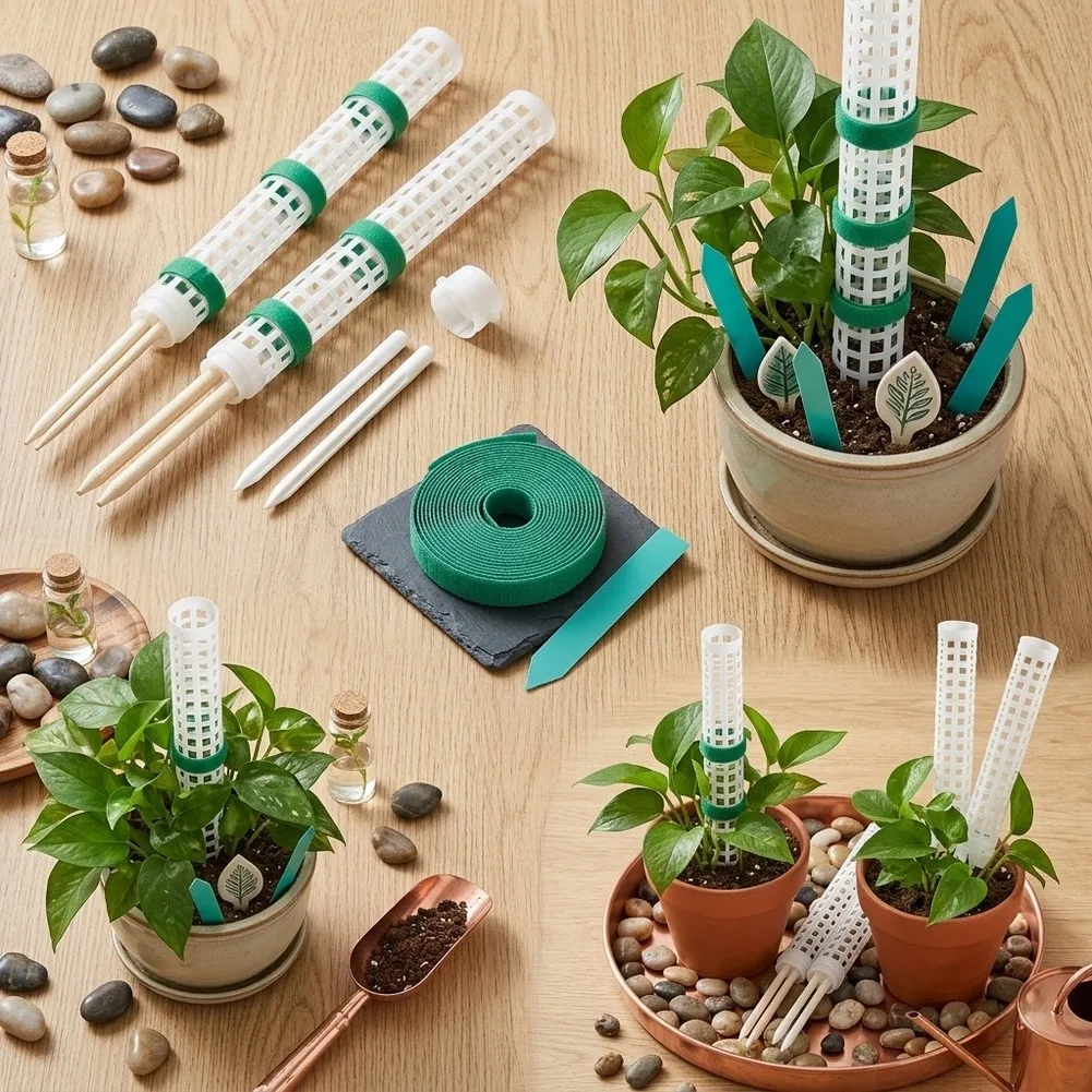 2 4 6 Pcs Plastic Moss Pole for Indoor Outdoor Climbing Plants Support Stakes with Fabric Strips and Identification Tags