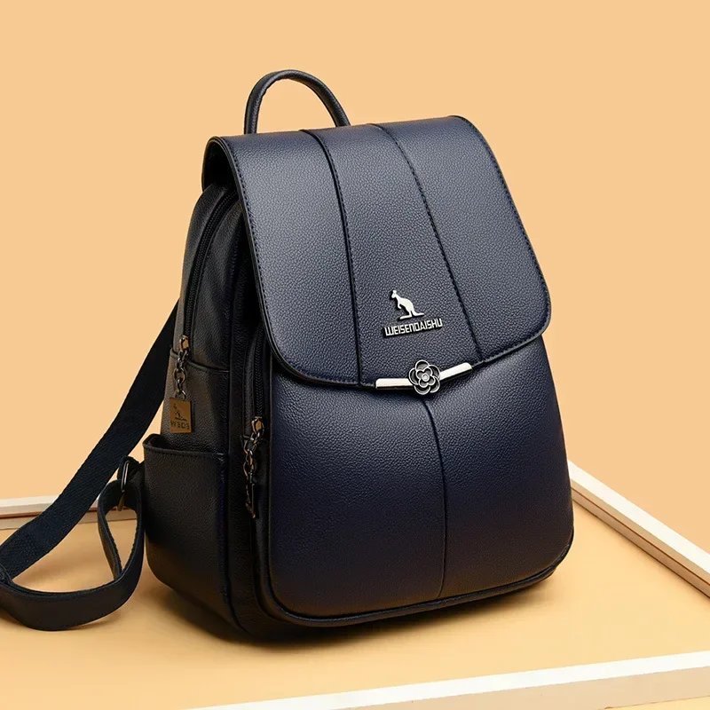 2024 New Fashion Retro Panel Commuter School Bag Women\'s Backpack PU Soft Leather Casual Lightweight One Shoulder Travel Bag