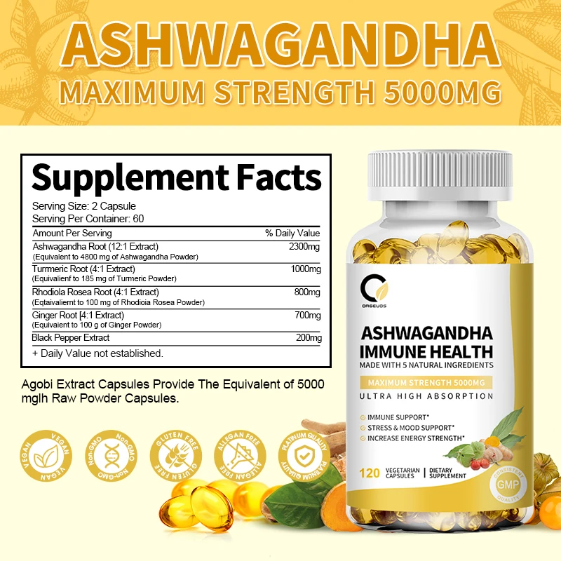 Organic iherb Ashwagandha Root Capsule with Black Pepper, 5000mg, Natural Stress & Mood, Thyroid, and Immune Support Supplement