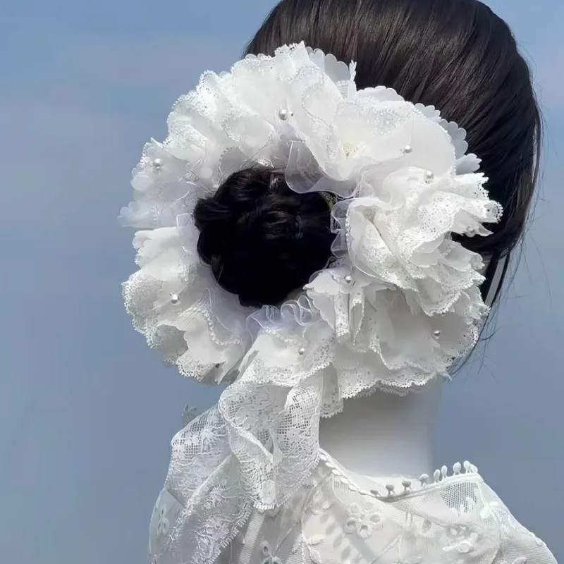 Overweight work pearl lace large intestine hair band women's high sense ball head tied hair headband ballet temperament headgear