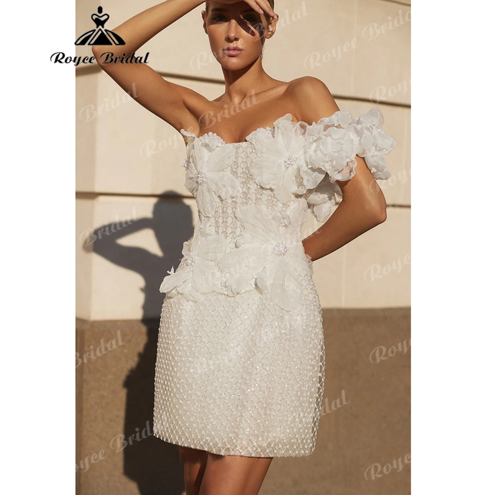 One-Shoulder 3D Floral Mini Wedding Dress Beaded Diamond Pattern with Corset Lace Up Back Bridal Reception Dress Customized