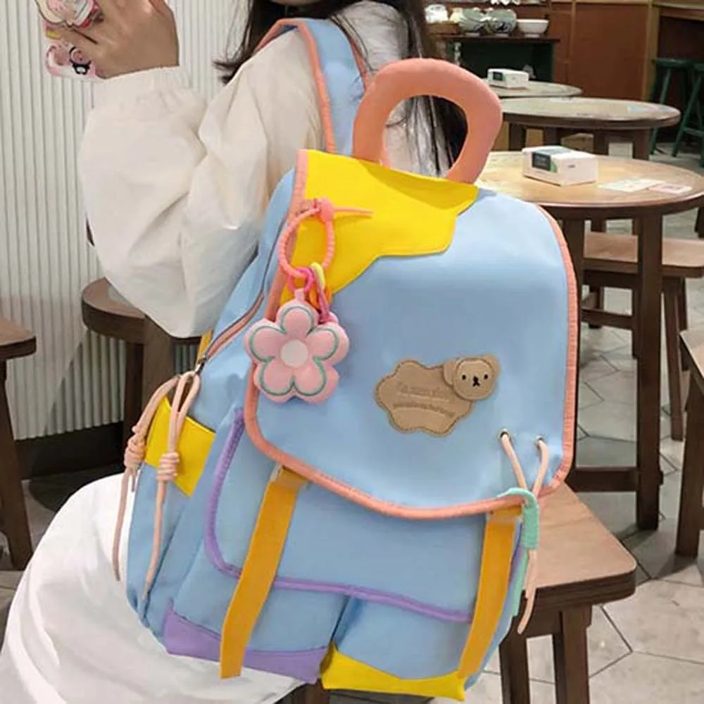 

Nylon Contrast Color Backpack Candy Color Adjustable Straps Cartoon School Bag Flower Pendant Foldable Large Capacity Daypack