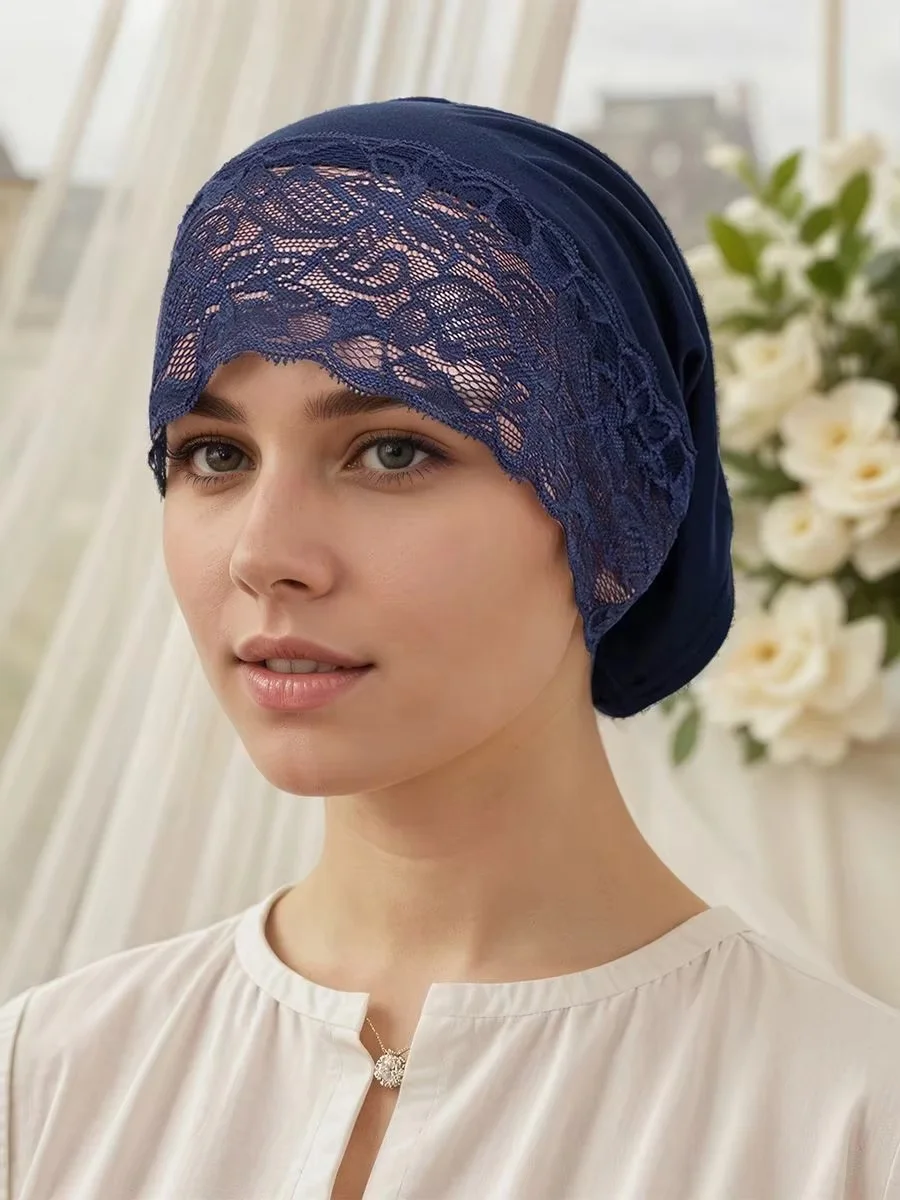 

RIMAIRE Lace Headscarf Hat for Women Muslim Solid Colour Minimalist Pull-Over Headscarf Base Layer Hat