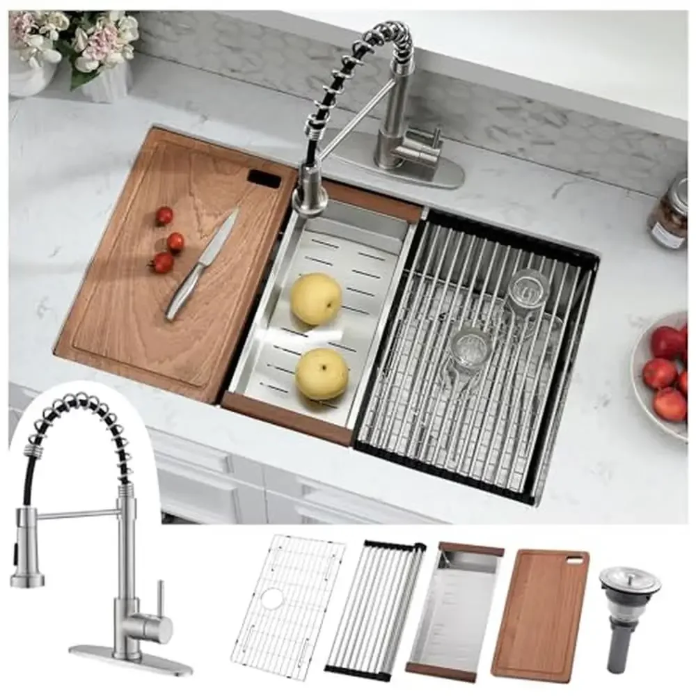 30 Inch Stainless Steel Undermount Kitchen Sink with Workstation Faucet Included Single Bowl 10 Inch Deep Noise Cessation Size