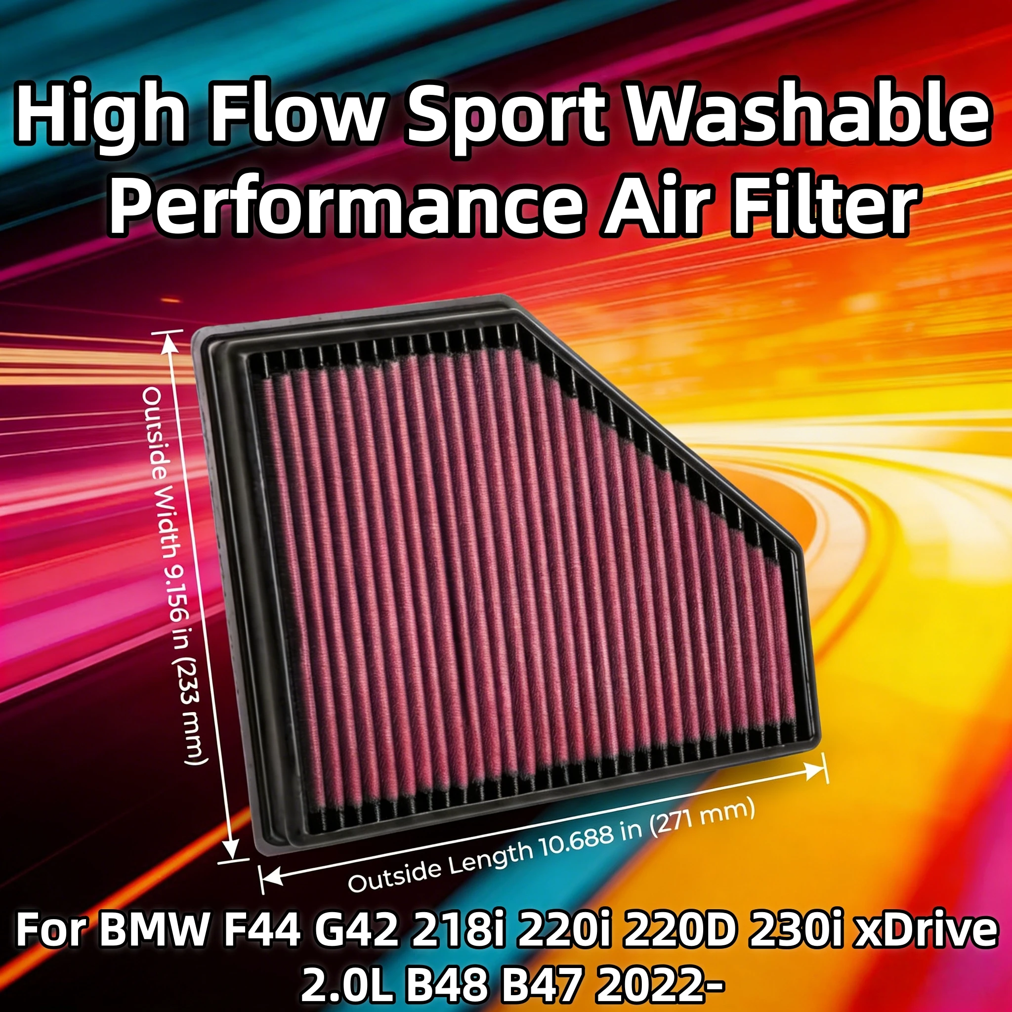 

For BMW F44 G42 218i 220i 220D 230i xDrive 2.0L B48 B47 2022- High Flow Sport Washable Performance Panel Air Filter Replacement