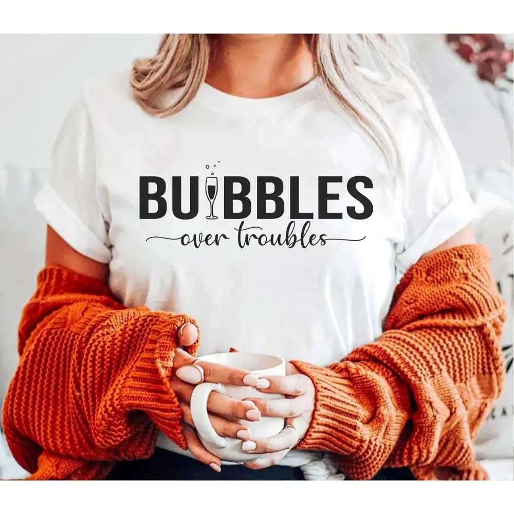 Bubbles Over Troubles T-shirt Funny Drinking But First Champagne Drinking Tee Bachelorette Wedding Celebration Tops Clothing