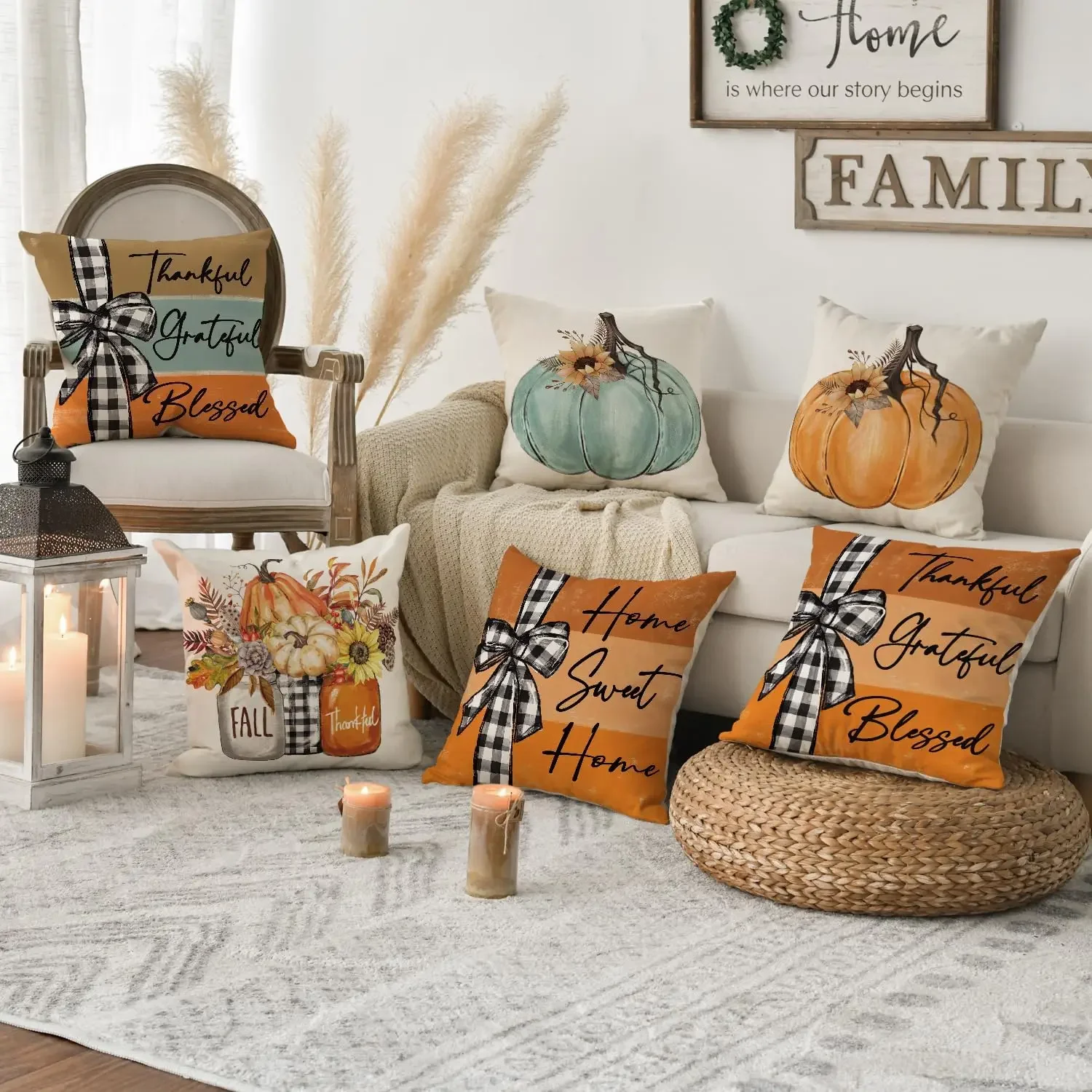 Fall Pumpkin Home Sweet Home Throw Pillow Covers,  Grateful Blessed Harvest Orange Decorations for Sofa Couch Cushion Covers