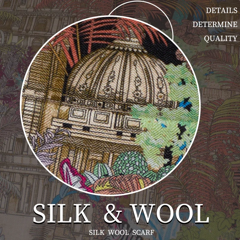 30% Silk 70% Wool Scarf Women Tropical Jungle Building Print 65cm Square Soft Warm Luxury Fashion Scarf