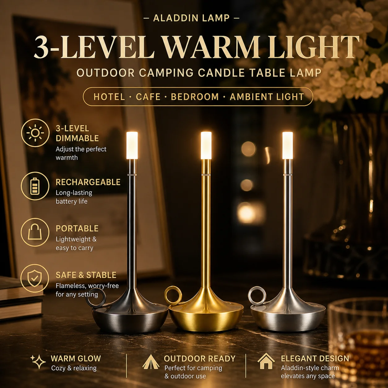 WWPPU Aladdin Table Lamp Flameless LED Candle Light 3 Level Dimmable Touch Control Rechargeable Bedside Desk Bar Ambient Lamp