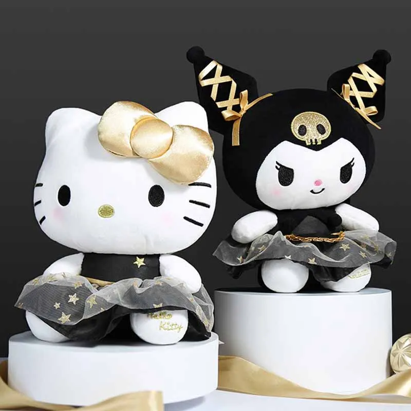 Sanrio Kawaii Black and Gold Series 30cm Kuromi Hello Kitty Plush Toy Pillow Soft Stuffed Plushies Anime Cartoon Doll Gift