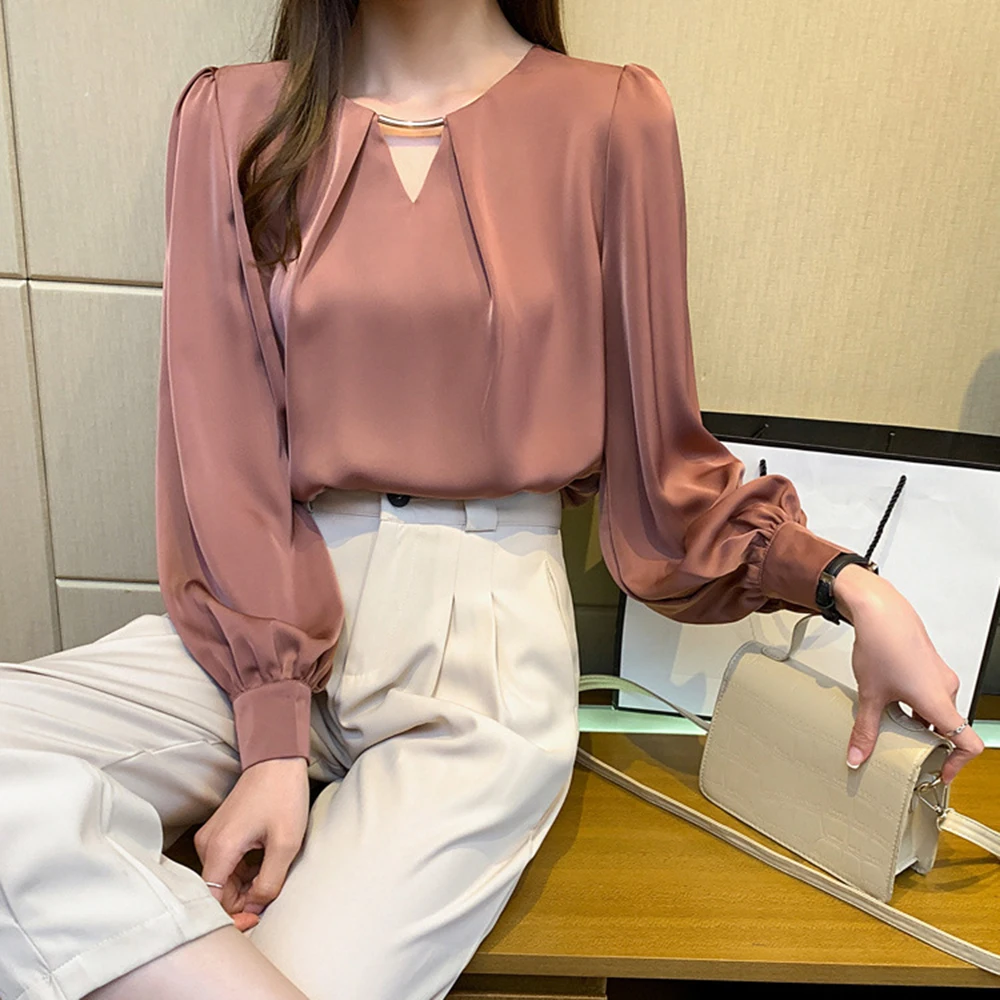 High Quality Satin Silk Shirt Elegant  OL Office Ladies Top lONG Sleeve O-neck Basic Top Turn-down Collar Solid Button Blouses