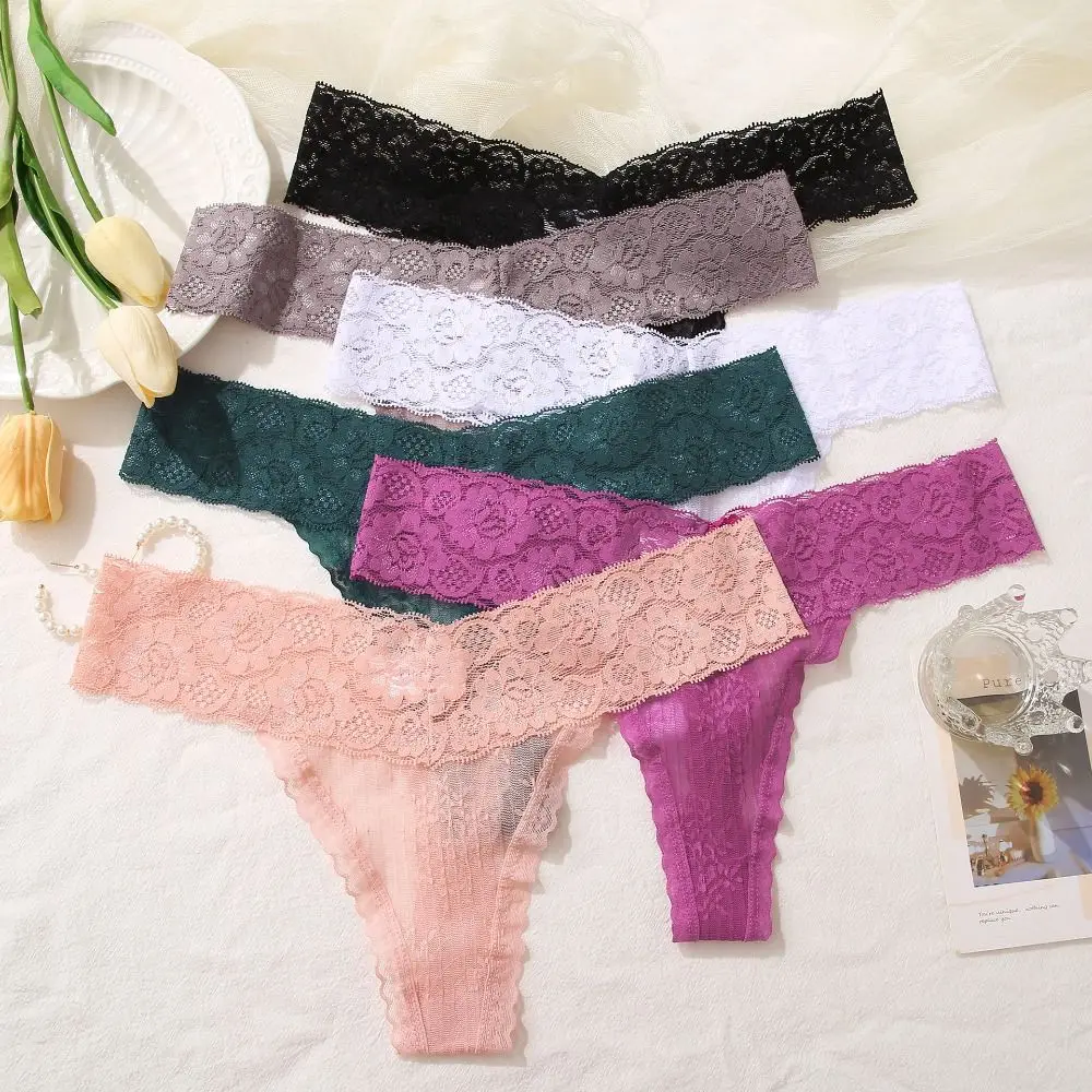 Удобные однотонные кружевные стринги с цветочным принтом и низкой талией, сексуальные трусы, нижнее белье, женские трусы без следов