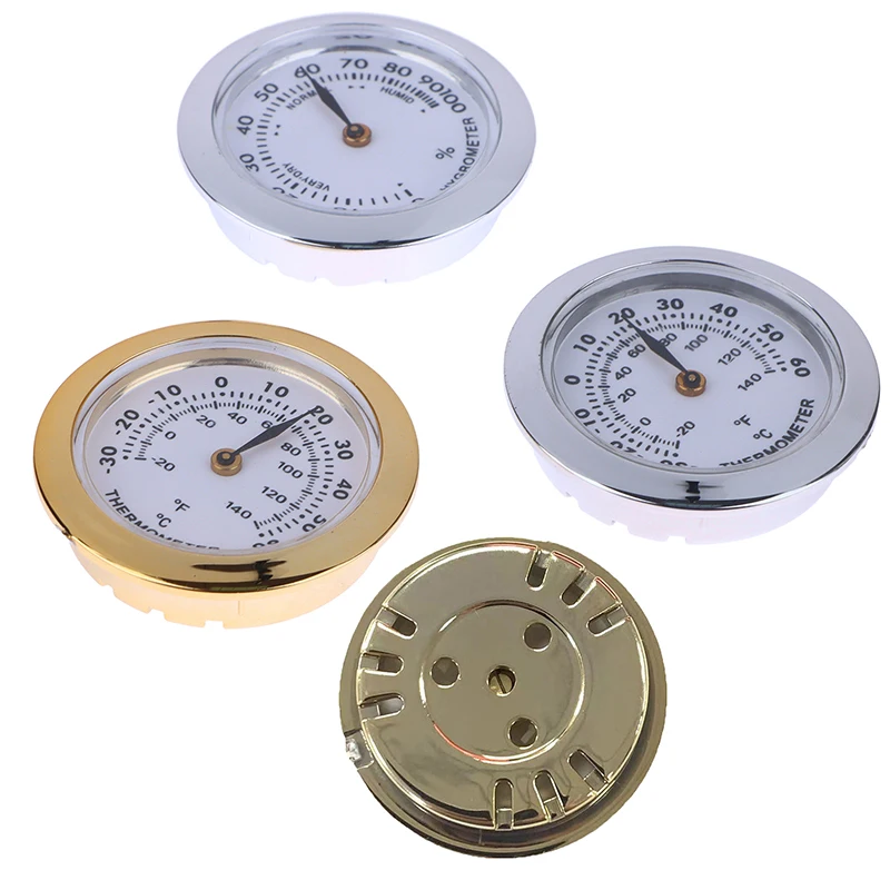 Cigar Box Juggling Moisture-proof Box Direct Pin Embedded 37mm Pointer Mini Gold Silver Thermometer Hygrometer No Need Battery