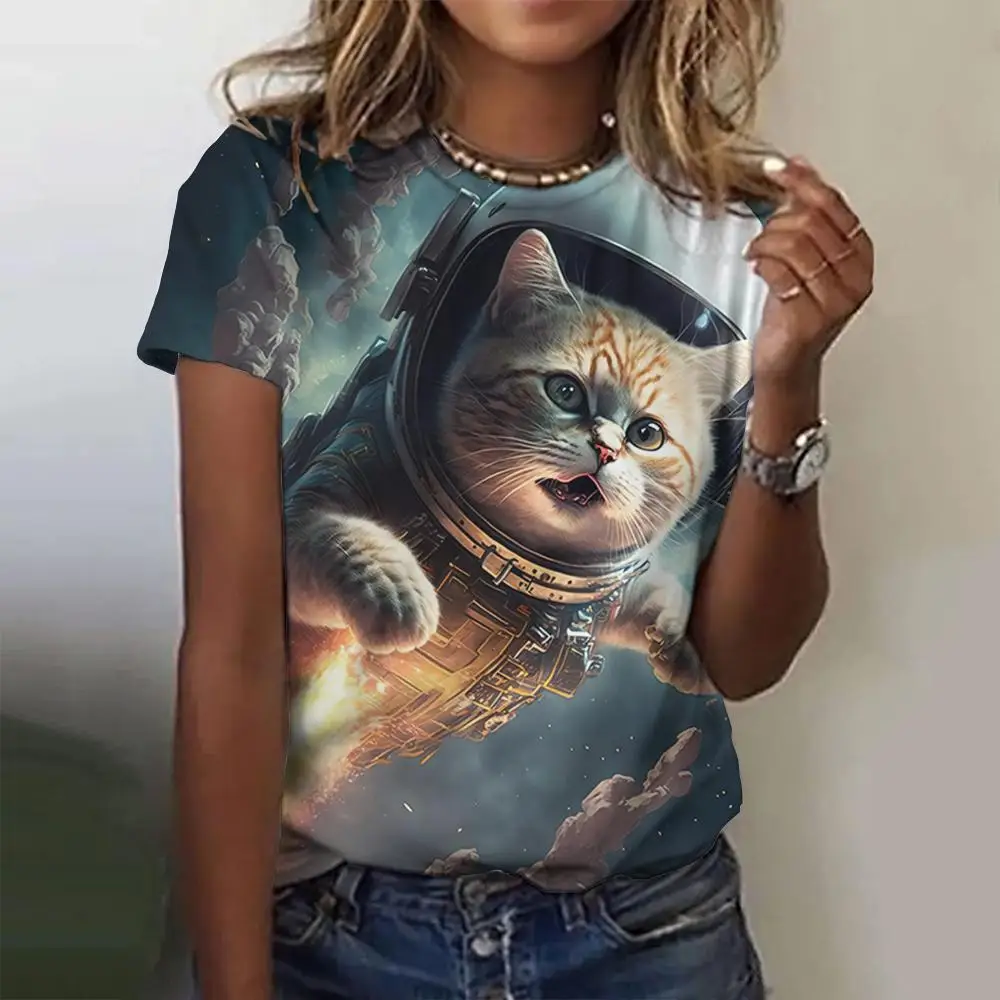 女性のための面白い猫の宇宙飛行士のパターンのTシャツ,だぶだぶのTシャツ,カジュアルファッション,半袖,夏のトレンド,女性のためのラウンドネックの服,トップス