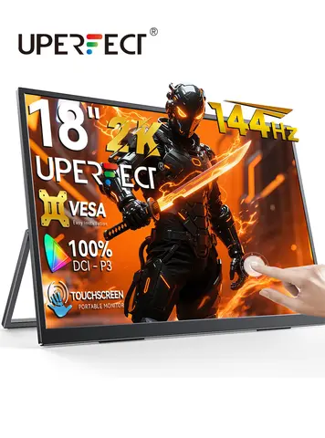 Monitor portatile touchscreen UPERFECT da 18" 2K 144Hz 100% DCI-P3 con VESA e supporto Display da gioco HDR FreeSync ultrasottile per laptop Console di gioco PS5, Switch PC Telefono