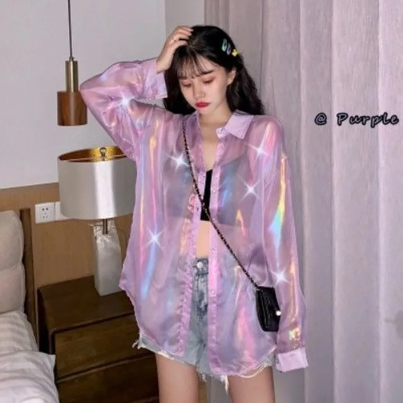 Camicie Donna Sottile Estate a prova di sole Capispalla quotidiano Manica lunga Chic Estetico Glitter Ins Harajuku Design Allentato Ulzzang Novità