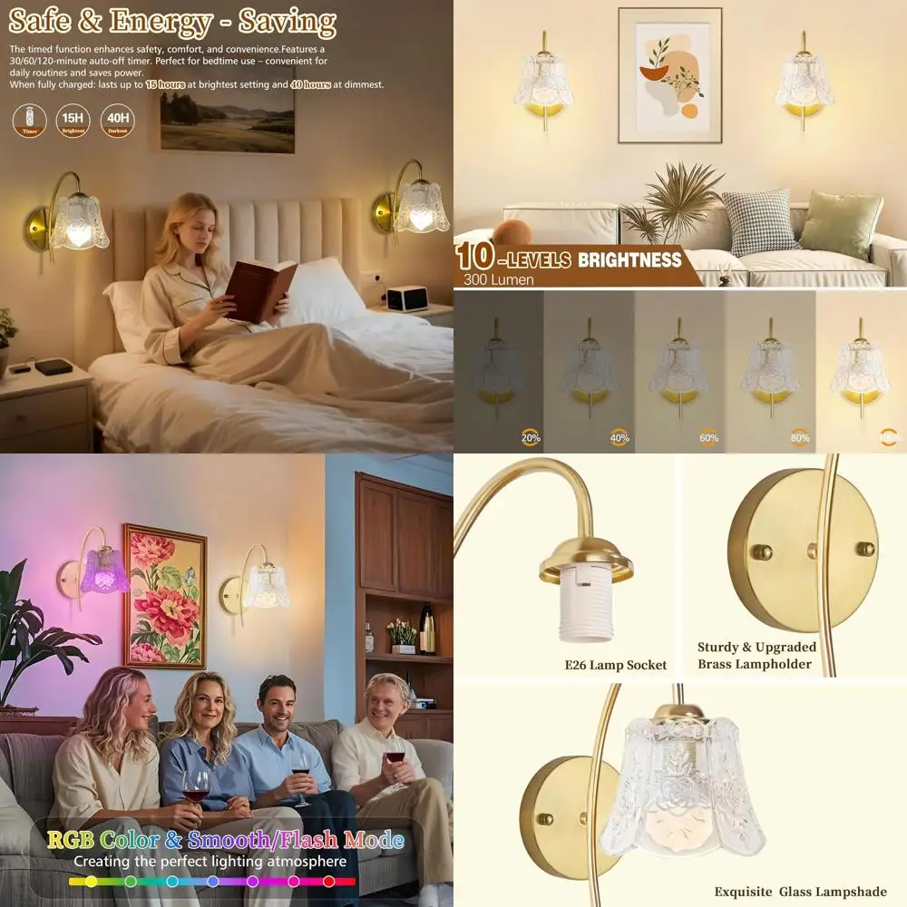 

Battery-Powered Vintage Wall Sconce with 15-Color Flower Shade for Home Decor (Clear Rose, 2 Lights)