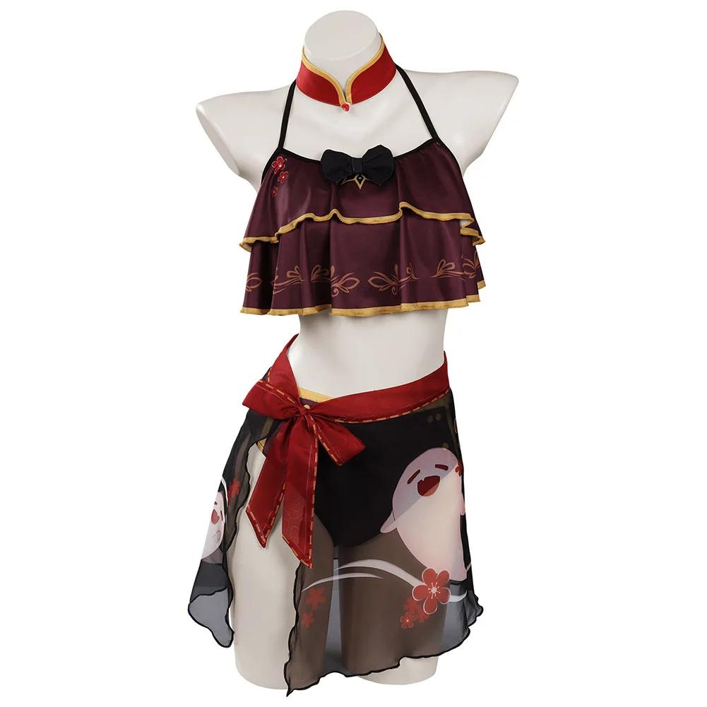 Genshin Impact Hu Tao Cosplay Kostüm Erwachsene Frauen Overall Badeanzug Umhang Outfits Halloween Karneval Party Anzug