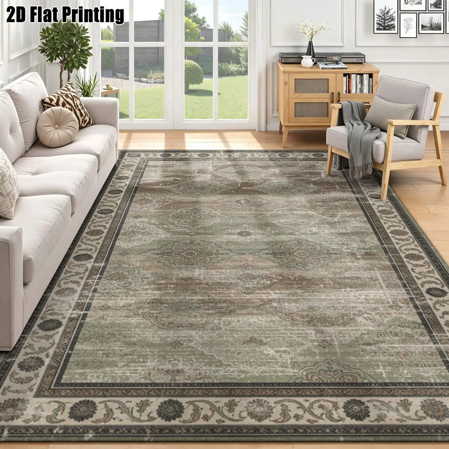 1Pc 2D Printed Retro Brown Green Ethnic Pattern Carpet: Vintage European Style, Machine Washable, Multi-Size, Suitable for Entrance, Dining, Foyer, Study, Living Room, Bedroom