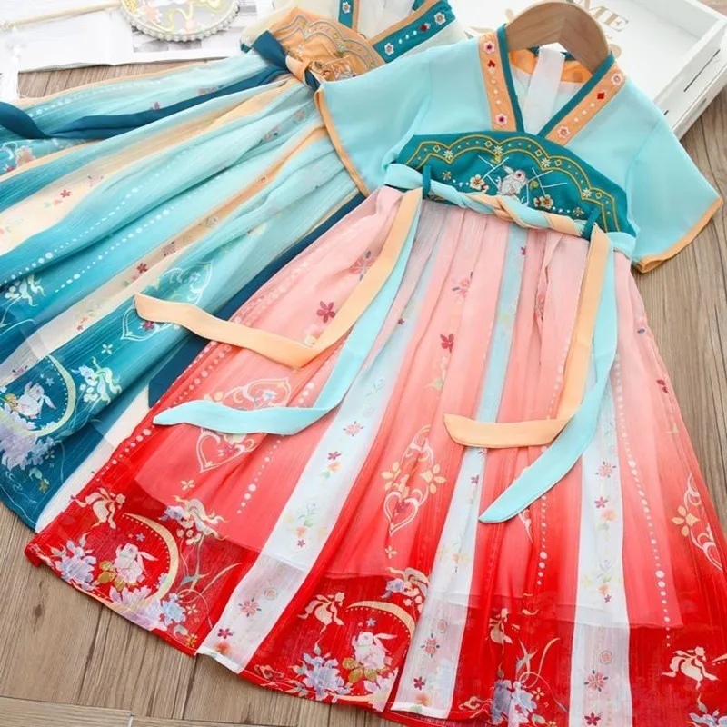 Hanfu Teenage Girls Dress Summer New Chinese Jade Rabbit Embroidery Chiffon Girls Hanfu Dress Children\'s Baby Vintage Dress