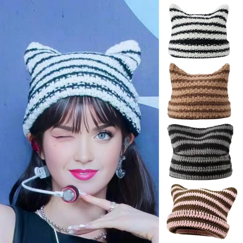 Winter Ladies Hat Kitty Head Contrast Color Striped Star Fur Ball Decor Demon Cap Windproof Elastic Anti-slip Warm Headwear