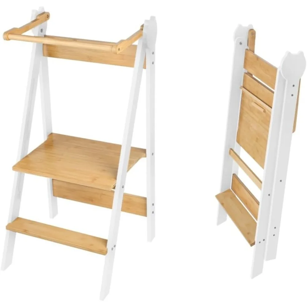 Torre de aprendizaje de madera ajustable para niños pequeños: taburete plegable para ayudante en la cocina, soporte de observación seguro para cocinar y explorar