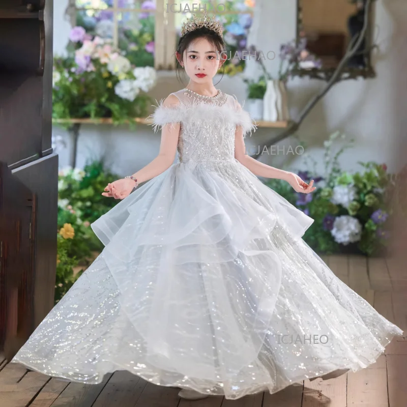 2026 Kids Formal Dress Children Girls Silver Gray Birthday Party Elegant Princess Gown Host Piano Performance Pageant Costume