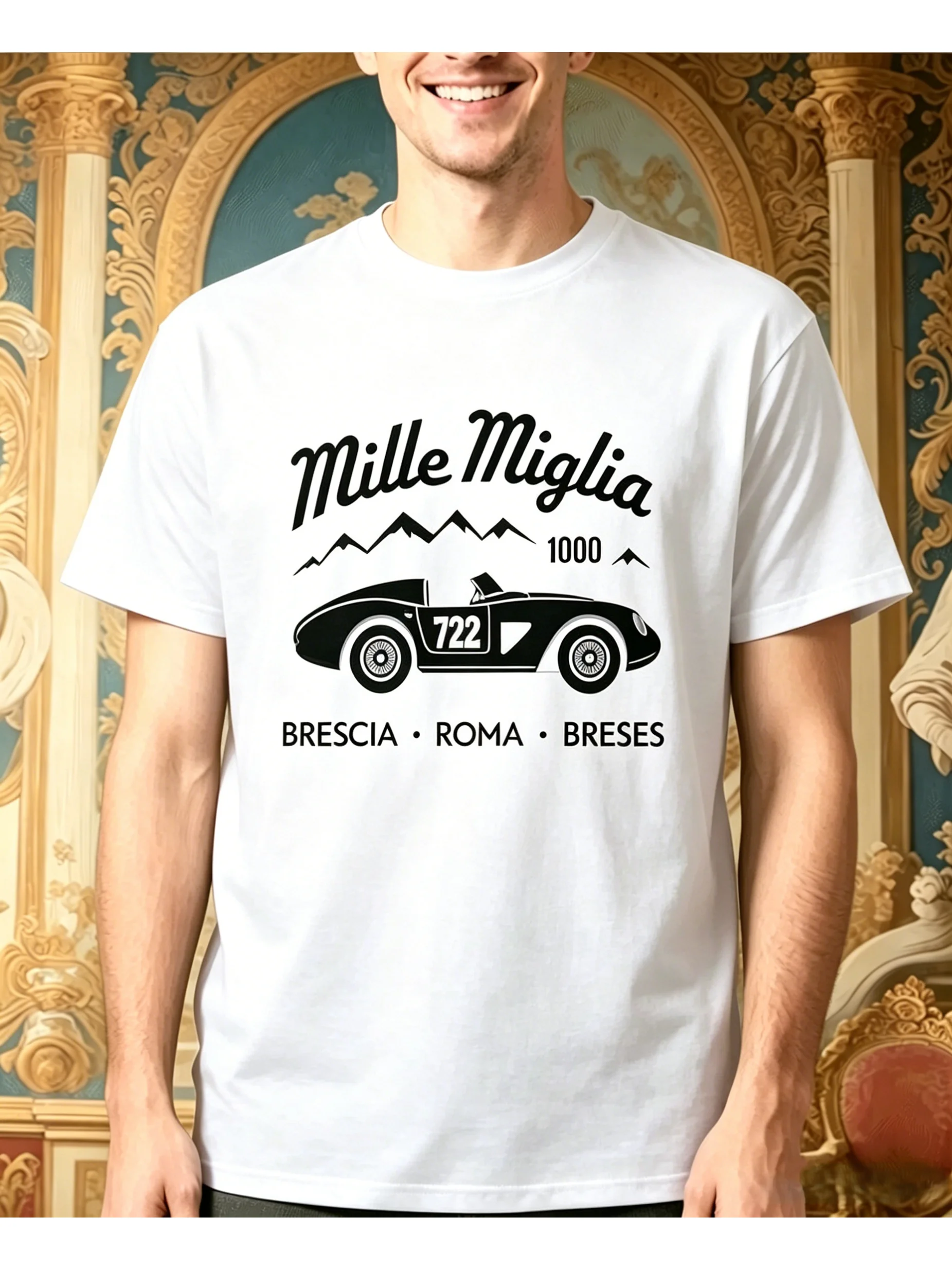 Men Retro Mille Miglia Race Car Print T Shirt Brescia Roma Racing Short Sleeve Cotton Tee For Auto Enthusiast Daily Casual Top
