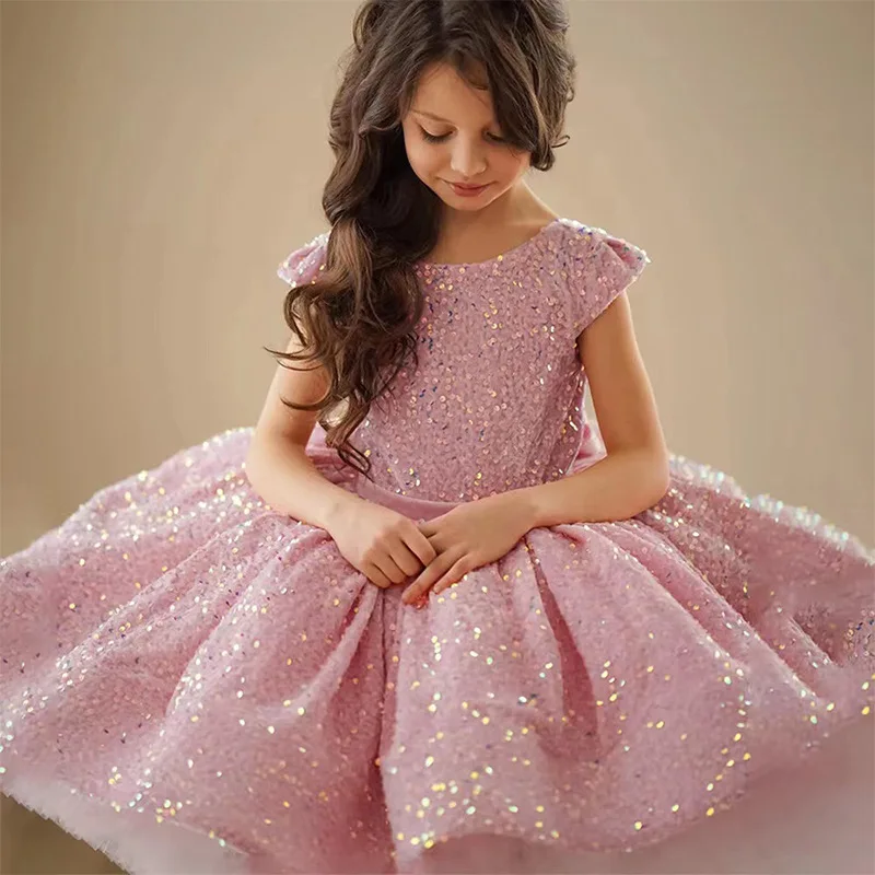 

High-end Princess Shiny Sequined Pink Flower Girl Dress Summer Tutu Wedding Birthday Party Kids Frocks For Teenager Designs Prom