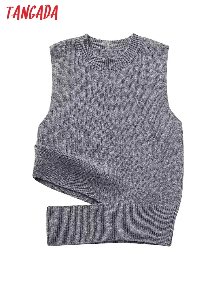 Tangada Women 2023 Cut-out Crop Knitted Vest Sweater Sleeveless Female Waistcoat BE274