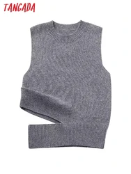 Tangada Women 2023 Cut-out Crop Knitted Vest Sweater Sleeveless Female Waistcoat BE274