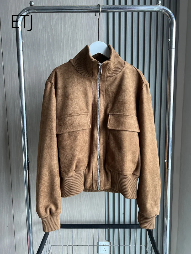 ETJ 2026 Damen Kunstwildlederjacke, kurze Fliegerjacke mit geripptem Saum, Cargotaschen, Reißverschluss, Stehkragen, Vintage-Herbstjacke – Detail 19