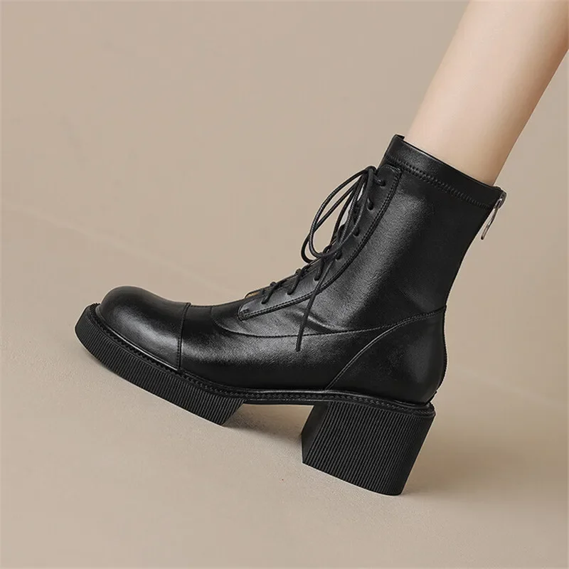 2023 Autumn Winter Split Leather Women Boots Round Toe Lace Up Short Boots for Women Chunky Heels Boots Zapatos Mujer High Heels