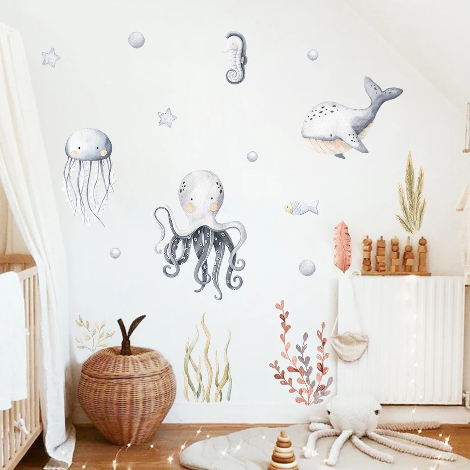 Cartoon Dolphin Ocean Animal Aquatic Plants Watercolor Kids Wall Sticker Vinyl Nursery Art Decals for Babys Boys Room Home Decor