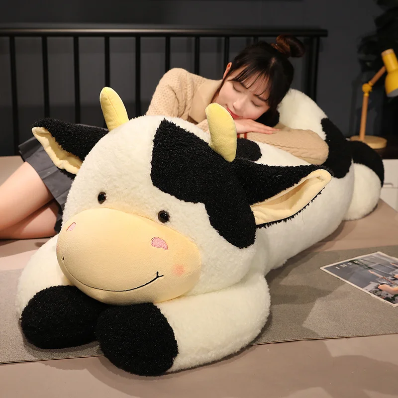 

90/110cm Soft Cute Lying Cow Long Plush Throw Pillow Stuffed Animal Milk Cattle Doll Bed Sleeping Pillow Cushion Home Decor