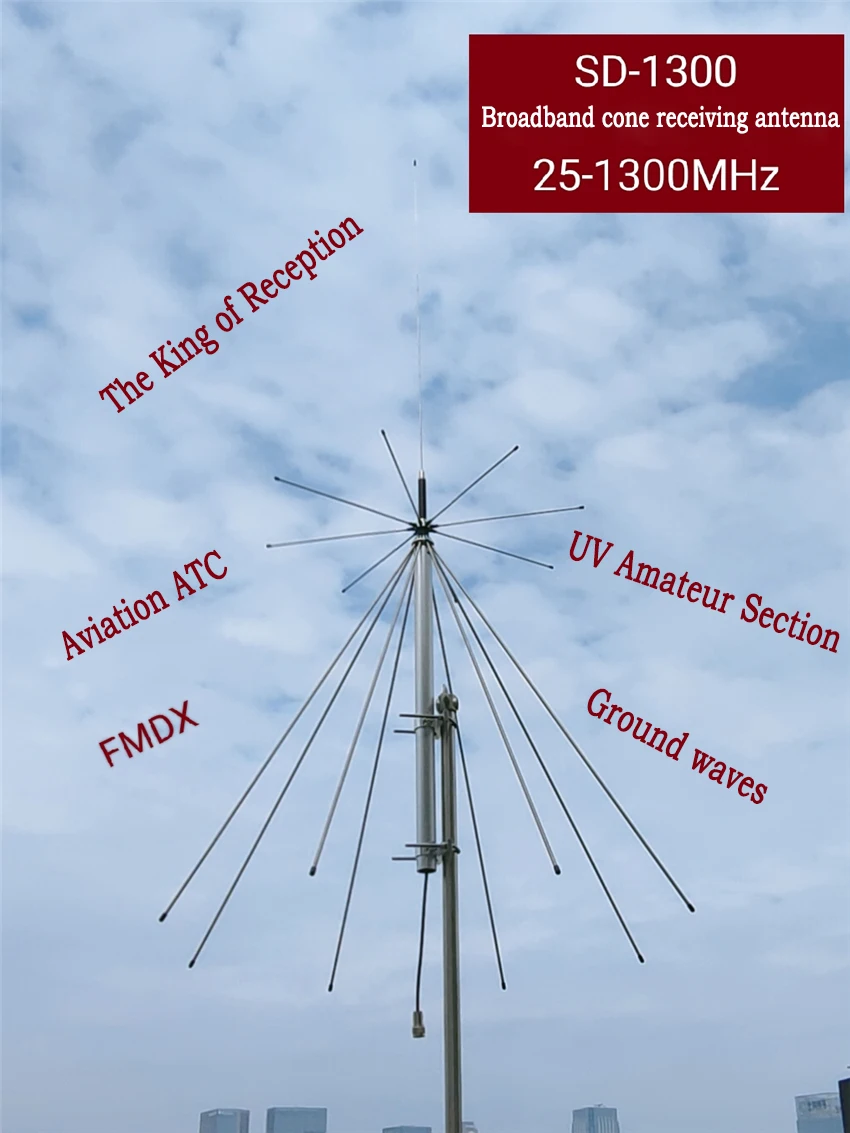 SD-1300 Radio Cone Antenna  Wideband Receiver 25-1300MHz Aviation SDR Receiver Antenna 25-1300 MHz