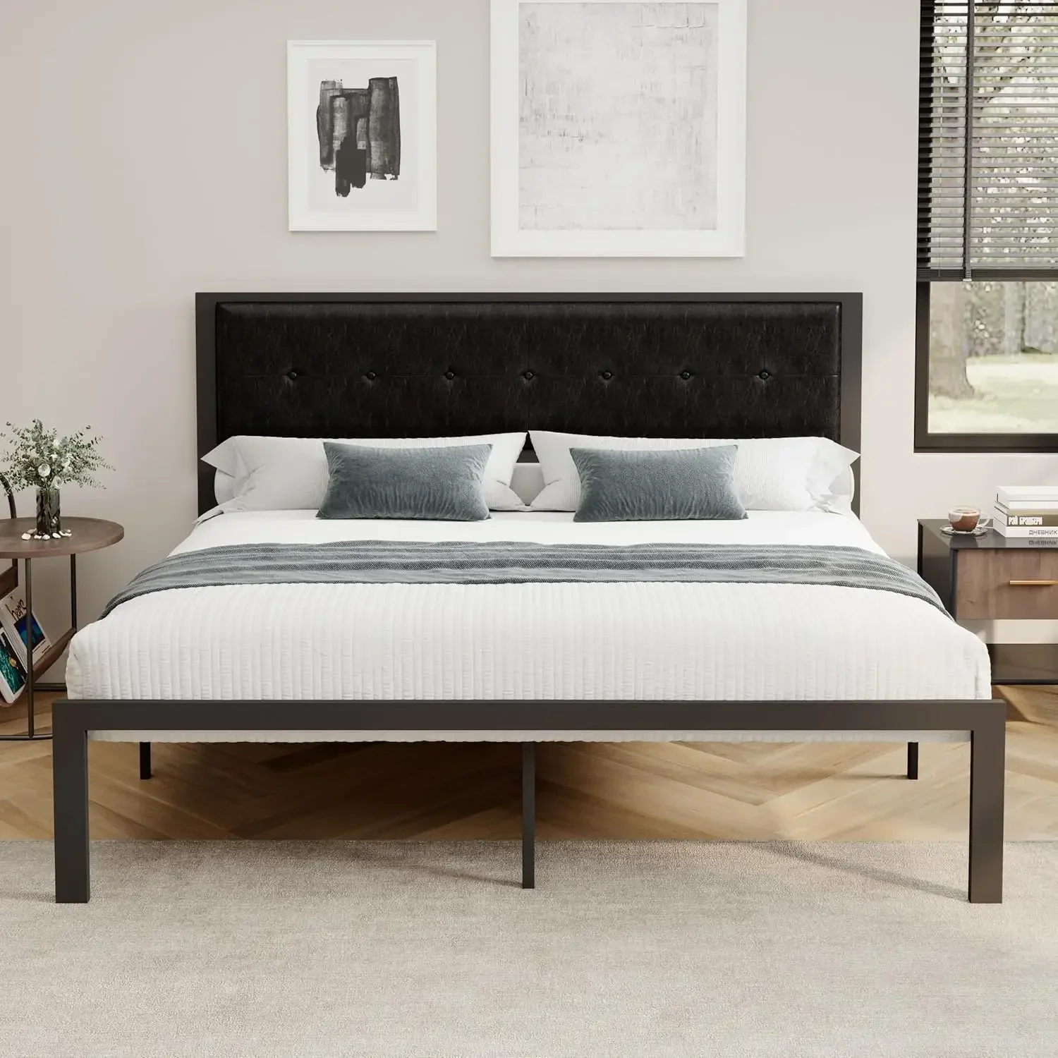 King Size Bed Frames with Faux Leather Headboard for Kids, Platform Bed Frame with 12.4” Underbed Storage, No Box Spring Needed,