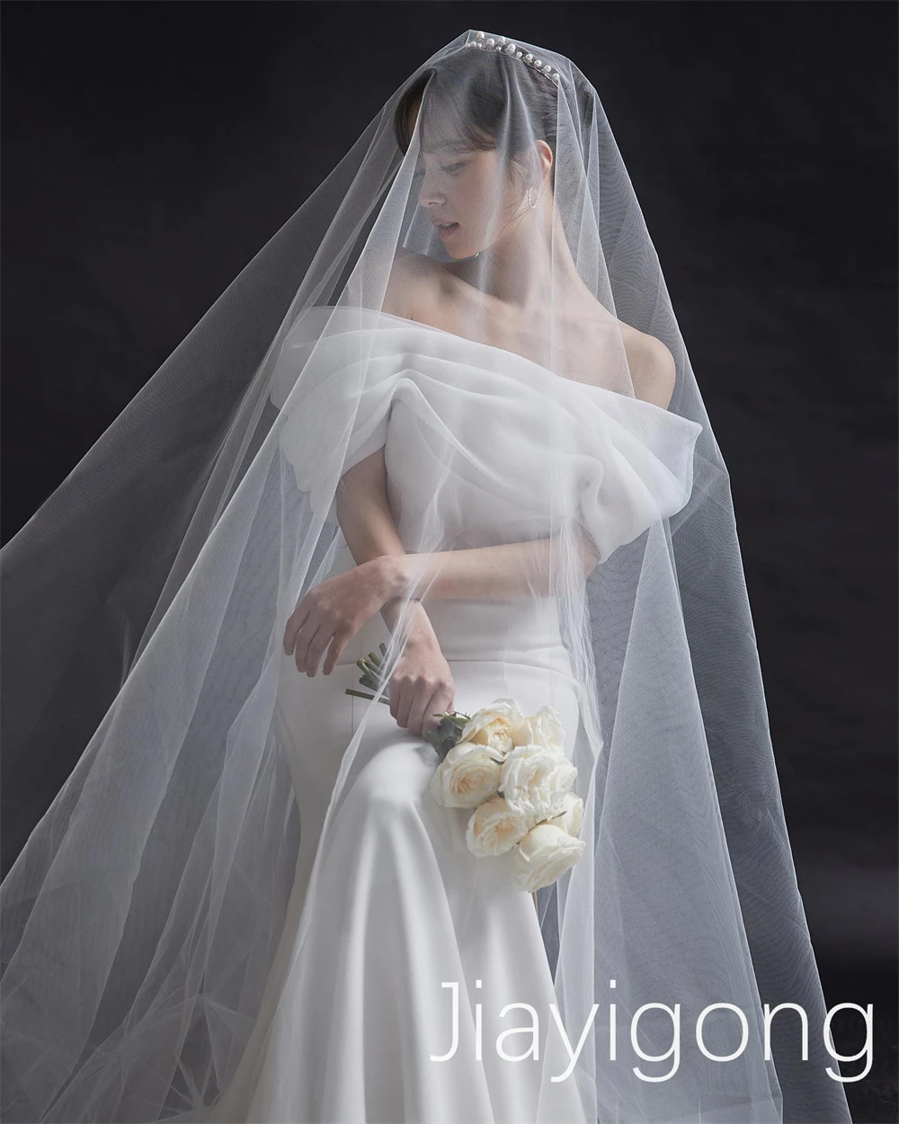  Korea Customized Simple Off-the-shoulder Sheath Mermaid Wedding Party Organza Floor Length Sweep Brush Custom 