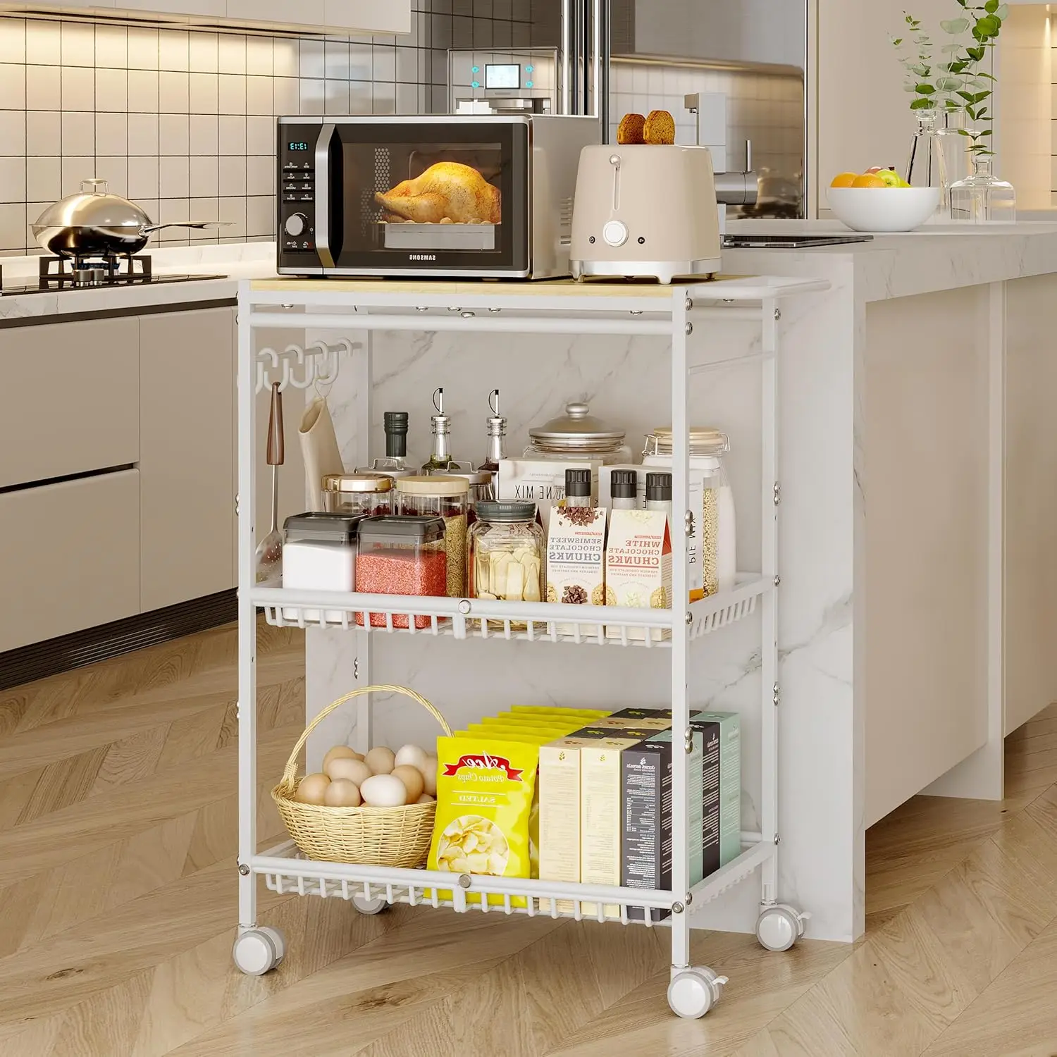 

White 3-Tier Rolling Kitchen Cart with Lockable Wheels, Adjustable Shelf for Microwave and Storage