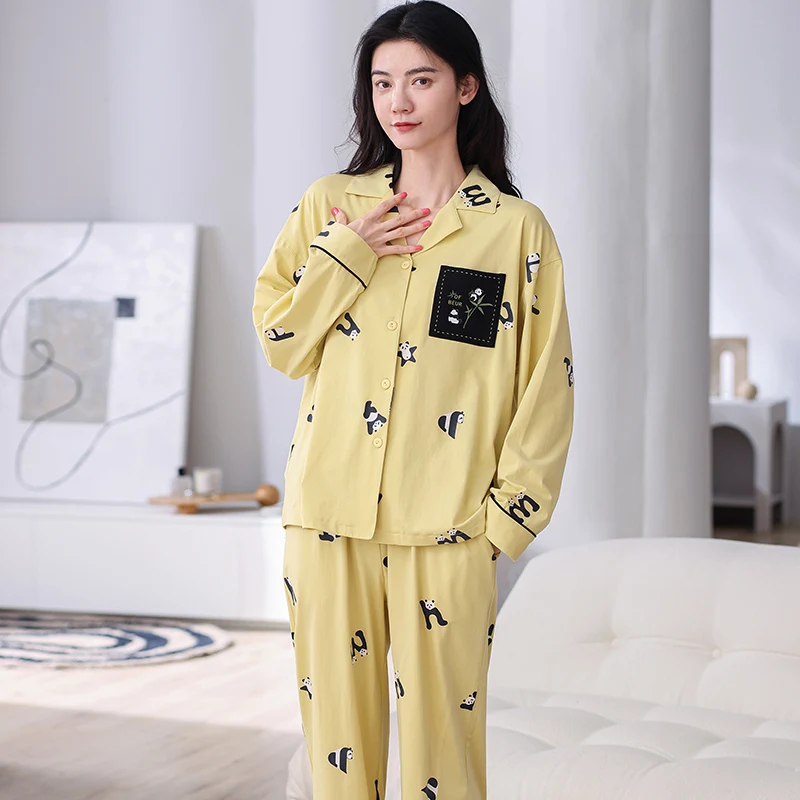 New pure cotton pyjamas female women's pajamas cardigan bright and cute little bear pattern women's casual home wear