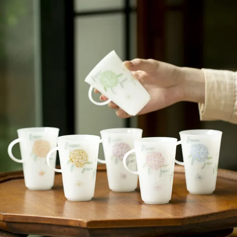 Hand Painted Ice Jade Porcelain Hydrangea Pattern Large Capacity Ceramic Mug for Coffee Tea Home Kitchen Drinkware High