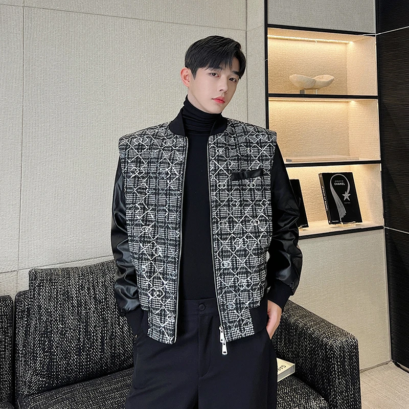 Winter New Design Heavy Work Plaid Leather Patch Men's Baseball Jacket Korean Style Glossy Upper Body Youth Fashion