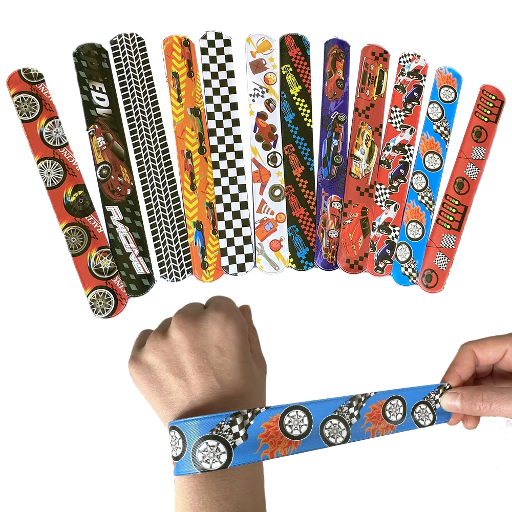 

12PC Race Car Slap Bracelets Kid Birthday Party Racing and Speed Themed Wristband Checkered Flags Slap Classroom Reward Supplies