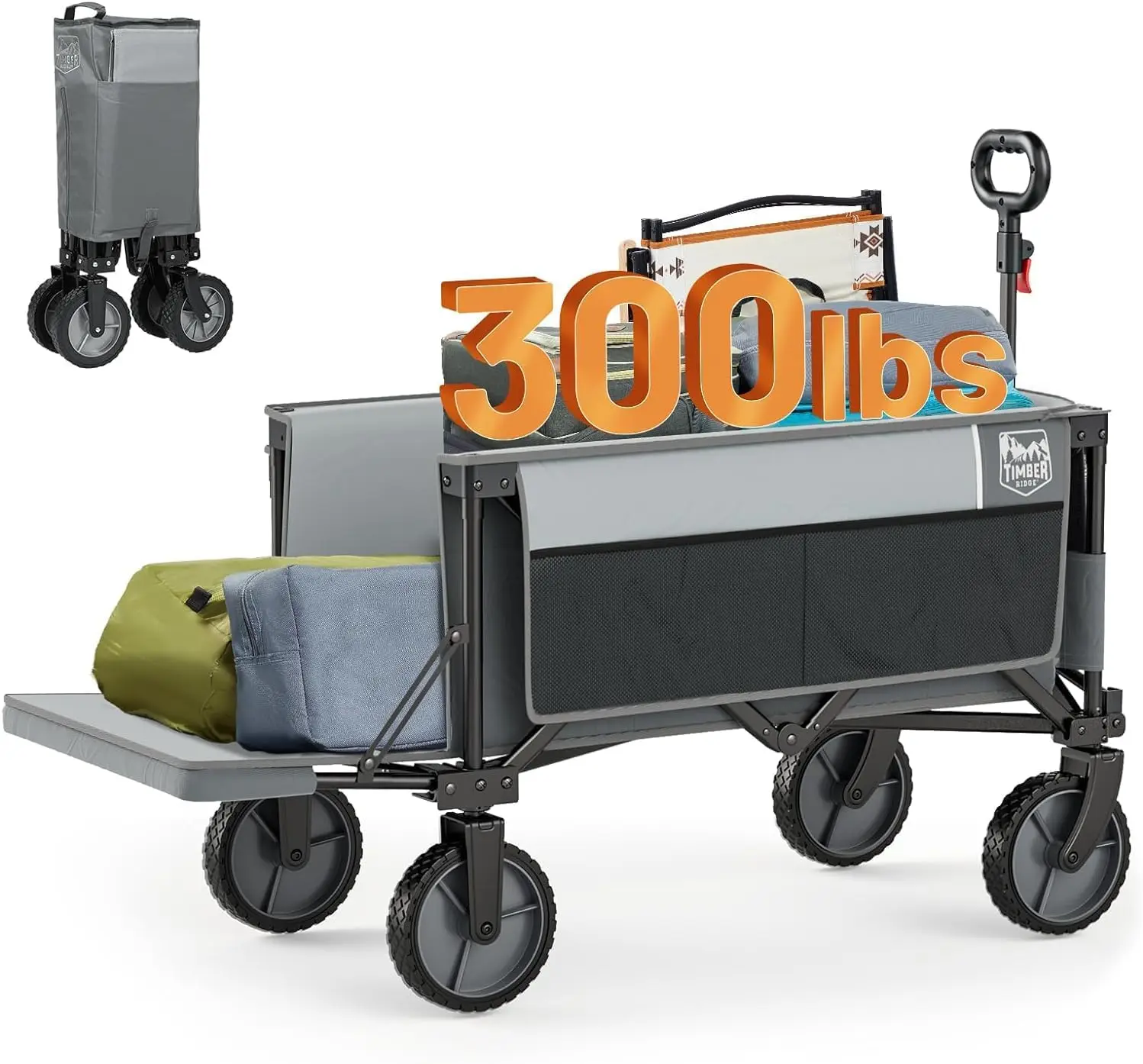 Extra Long Collapsible Folding Wagon with Tailgate, 300lbs Heavy Duty Foldable Utility Wagon with Adjustable Ha